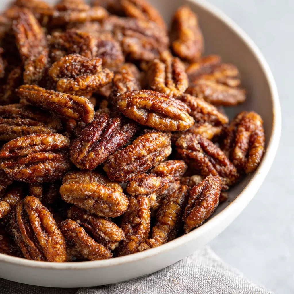 Golden-brown air fryer candied pecans in a bowl with cinnamon sticks beside them.