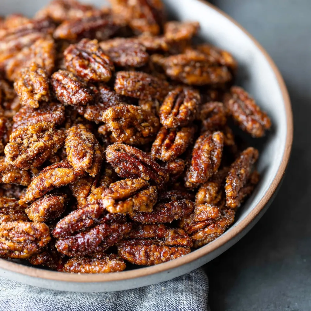 Golden-brown air fryer candied pecans in a bowl with cinnamon sticks beside them.