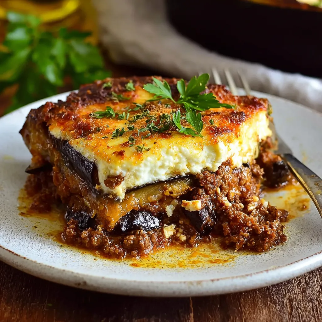Greek Moussaka with roasted eggplant, beef, and golden béchamel in a white casserole dish