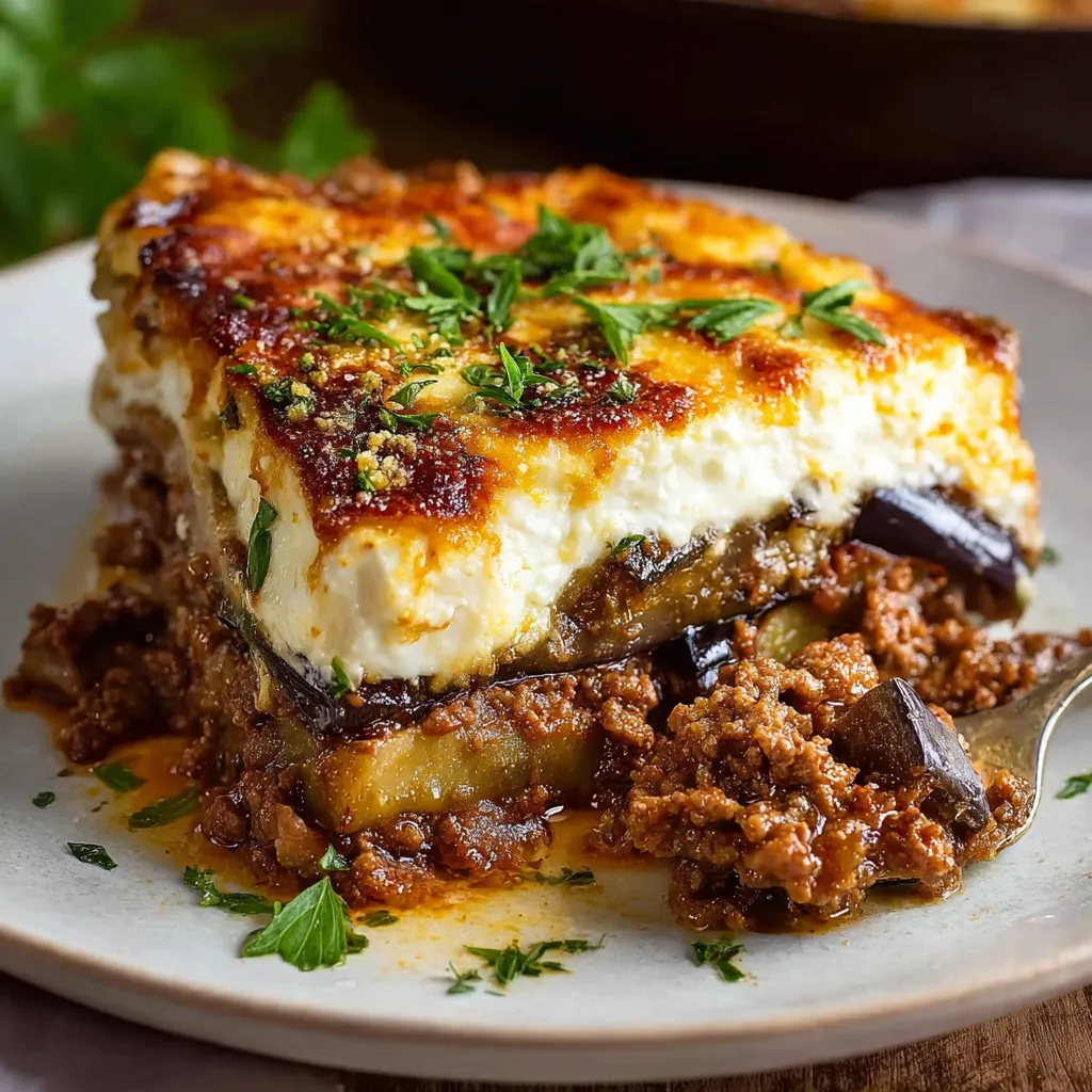 Greek Moussaka with roasted eggplant, beef, and golden béchamel in a white casserole dish