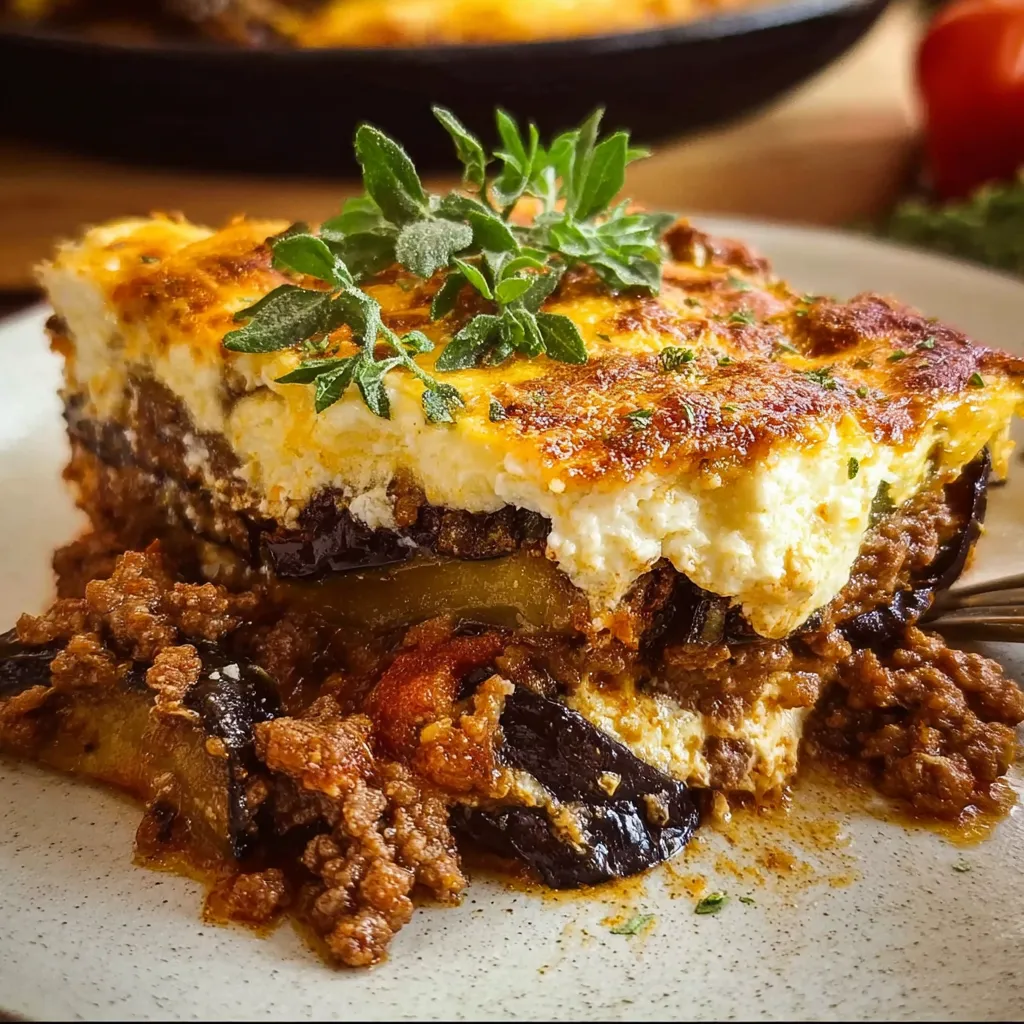 Greek Moussaka with roasted eggplant, beef, and golden béchamel in a white casserole dish