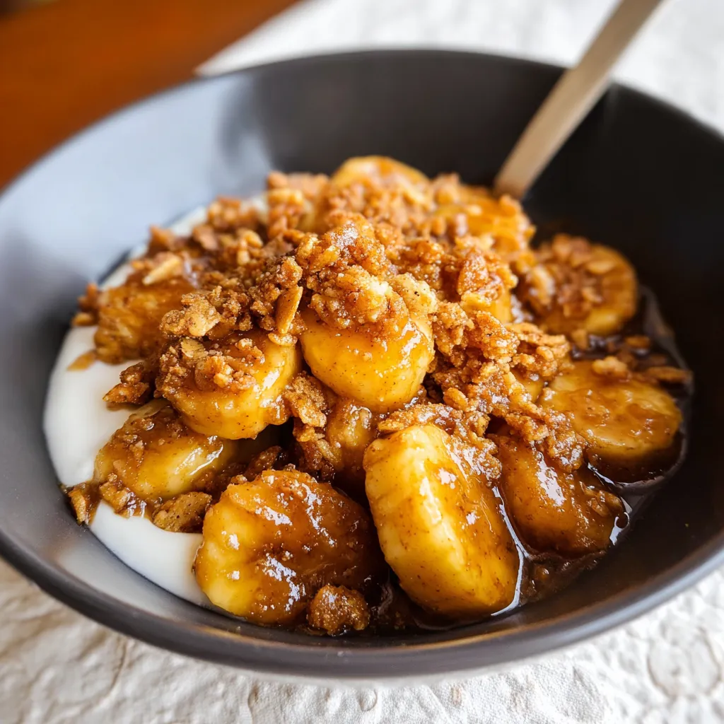 Caramelized bananas with Cinnamon Toast Crunch crumble and vanilla ice cream, drizzled with buttery rum sauce.