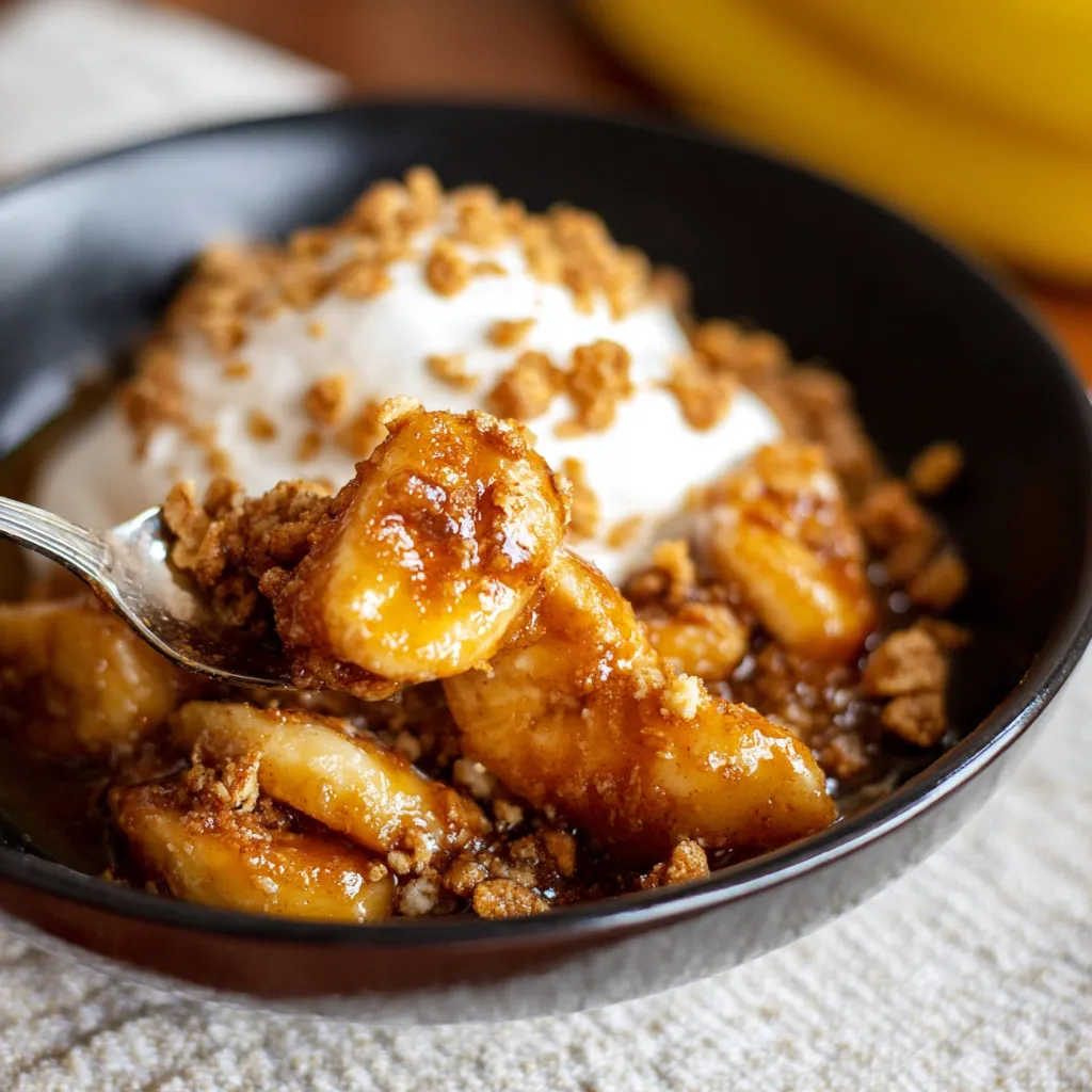 Caramelized bananas with Cinnamon Toast Crunch crumble and vanilla ice cream, drizzled with buttery rum sauce.