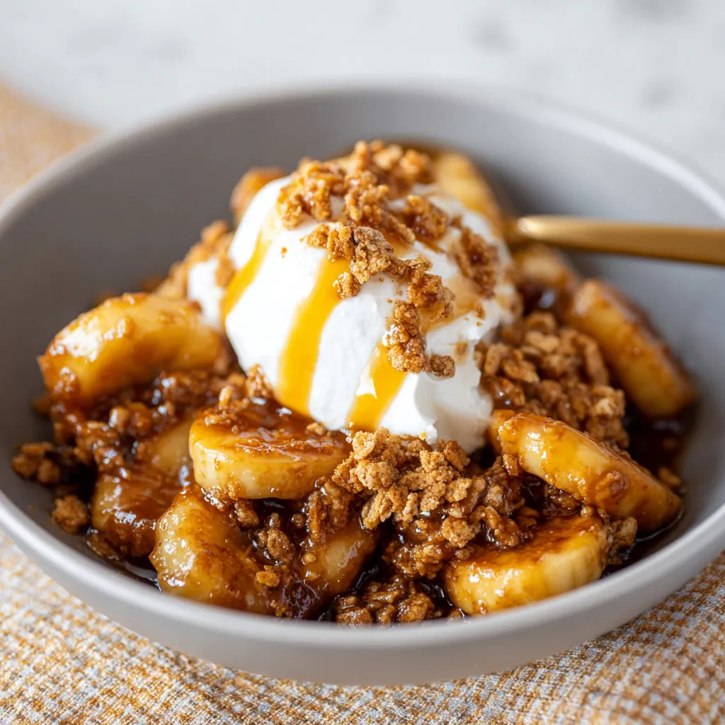 Caramelized bananas with Cinnamon Toast Crunch crumble and vanilla ice cream, drizzled with buttery rum sauce.
