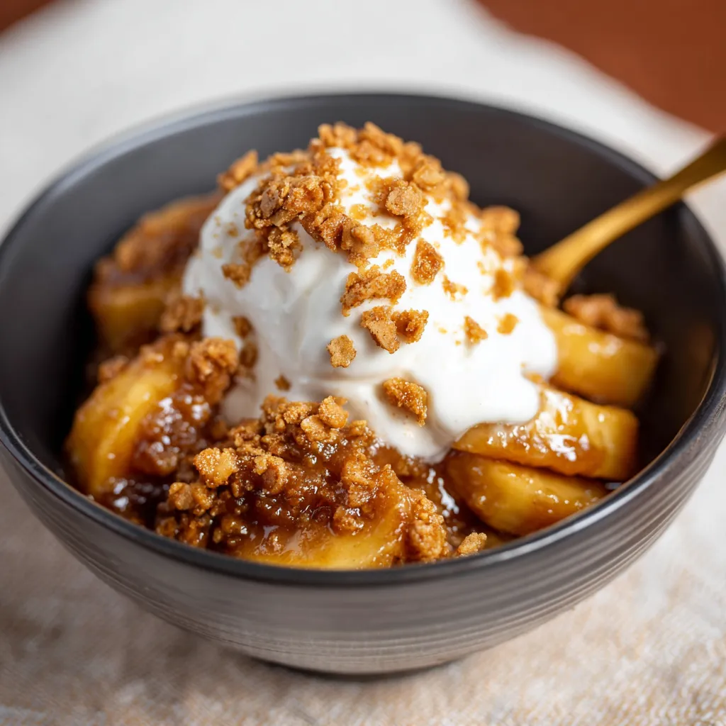Caramelized bananas with Cinnamon Toast Crunch crumble and vanilla ice cream, drizzled with buttery rum sauce.