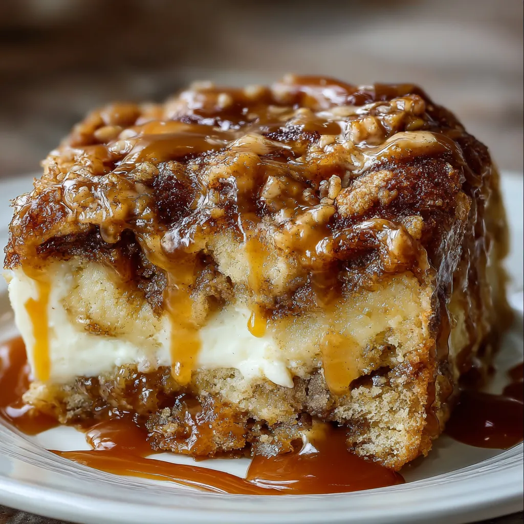 Gooey Caramel Apple Cinnamon Roll Dump Cake in a baking dish with caramel drizzle