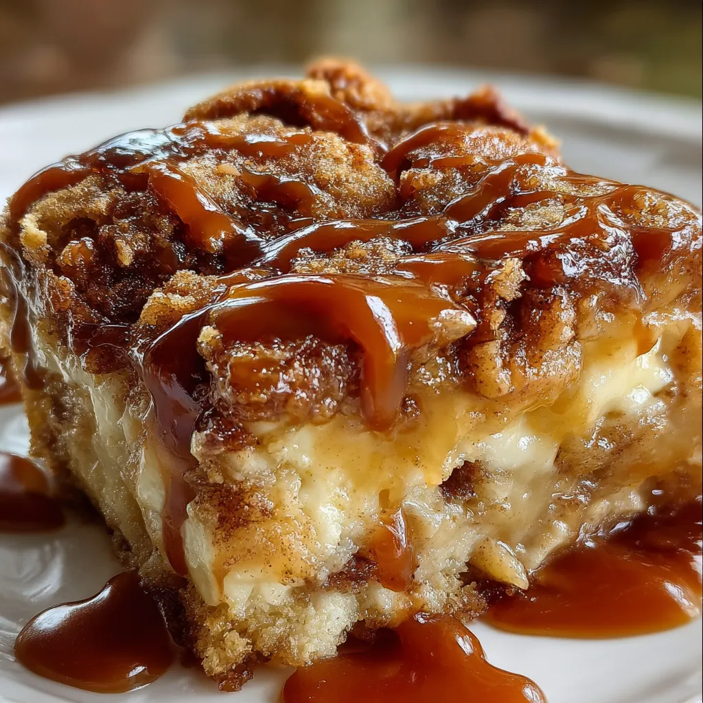 Gooey Caramel Apple Cinnamon Roll Dump Cake in a baking dish with caramel drizzle