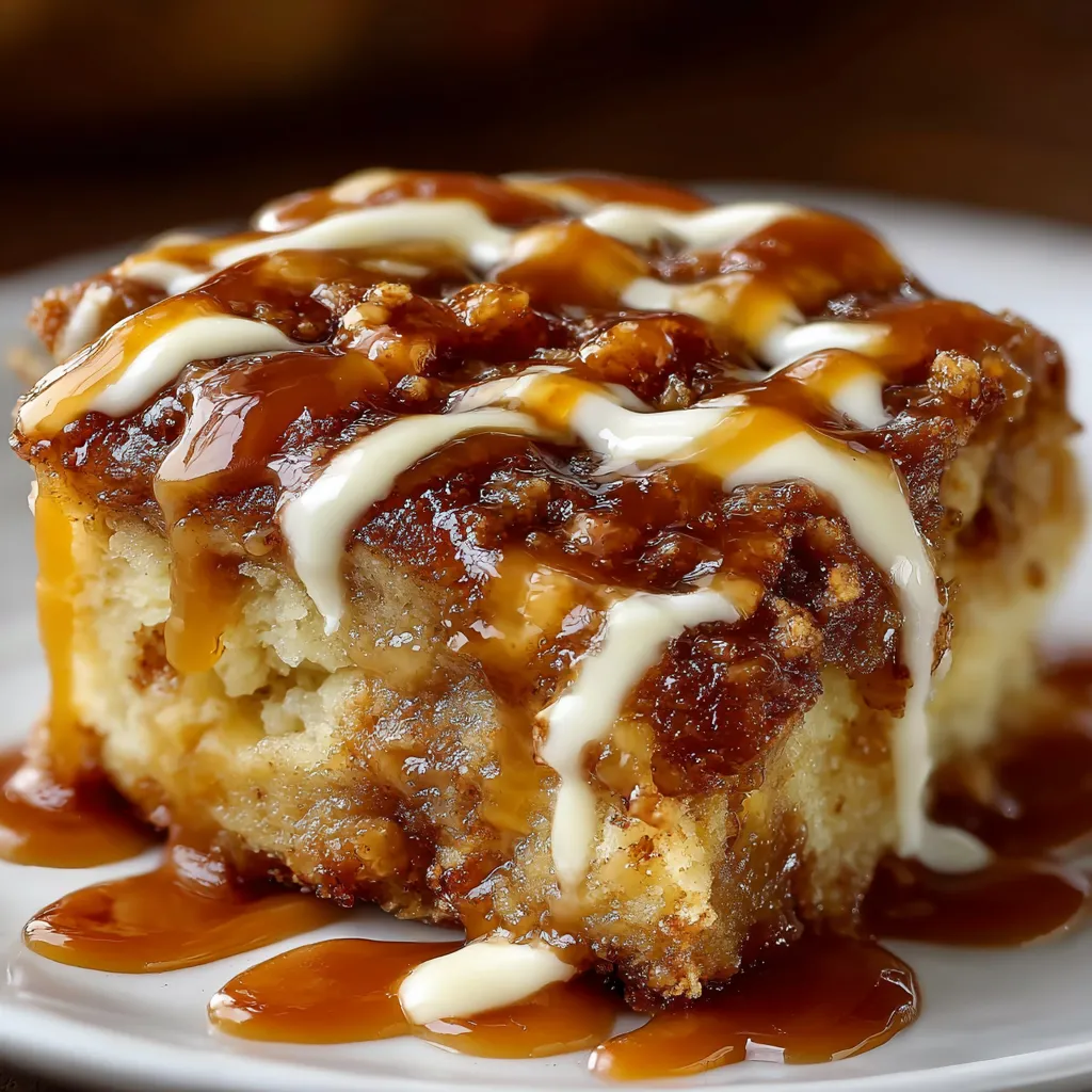 Gooey Caramel Apple Cinnamon Roll Dump Cake in a baking dish with caramel drizzle
