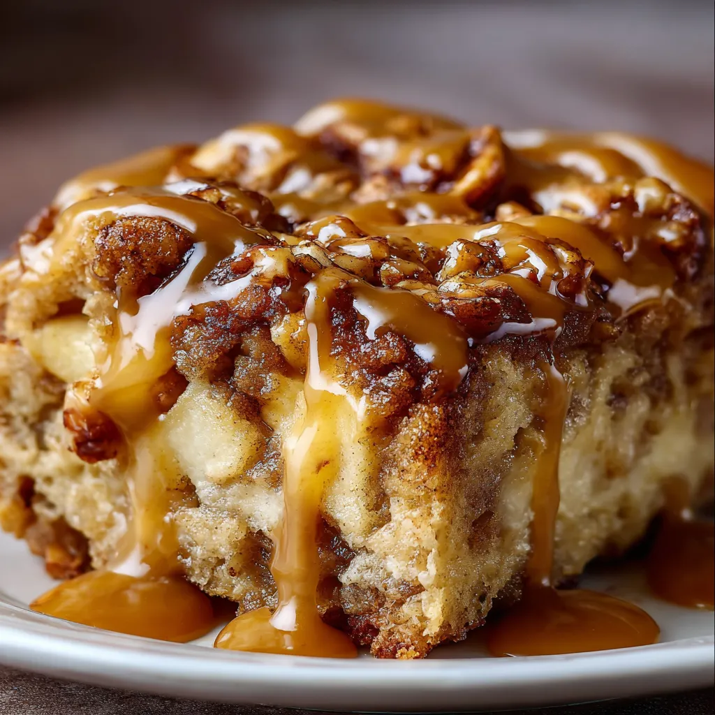Gooey Caramel Apple Cinnamon Roll Dump Cake in a baking dish with caramel drizzle