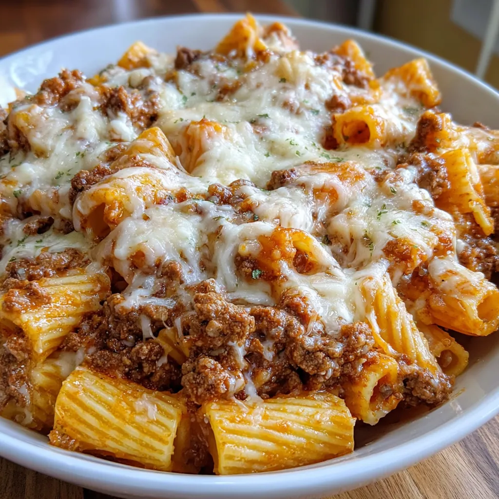 Cheesy Beef Rigatoni baked casserole with golden bubbly cheese, served in a white dish garnished with fresh basil.