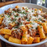 Cheesy Beef Rigatoni baked casserole with golden bubbly cheese, served in a white dish garnished with fresh basil.