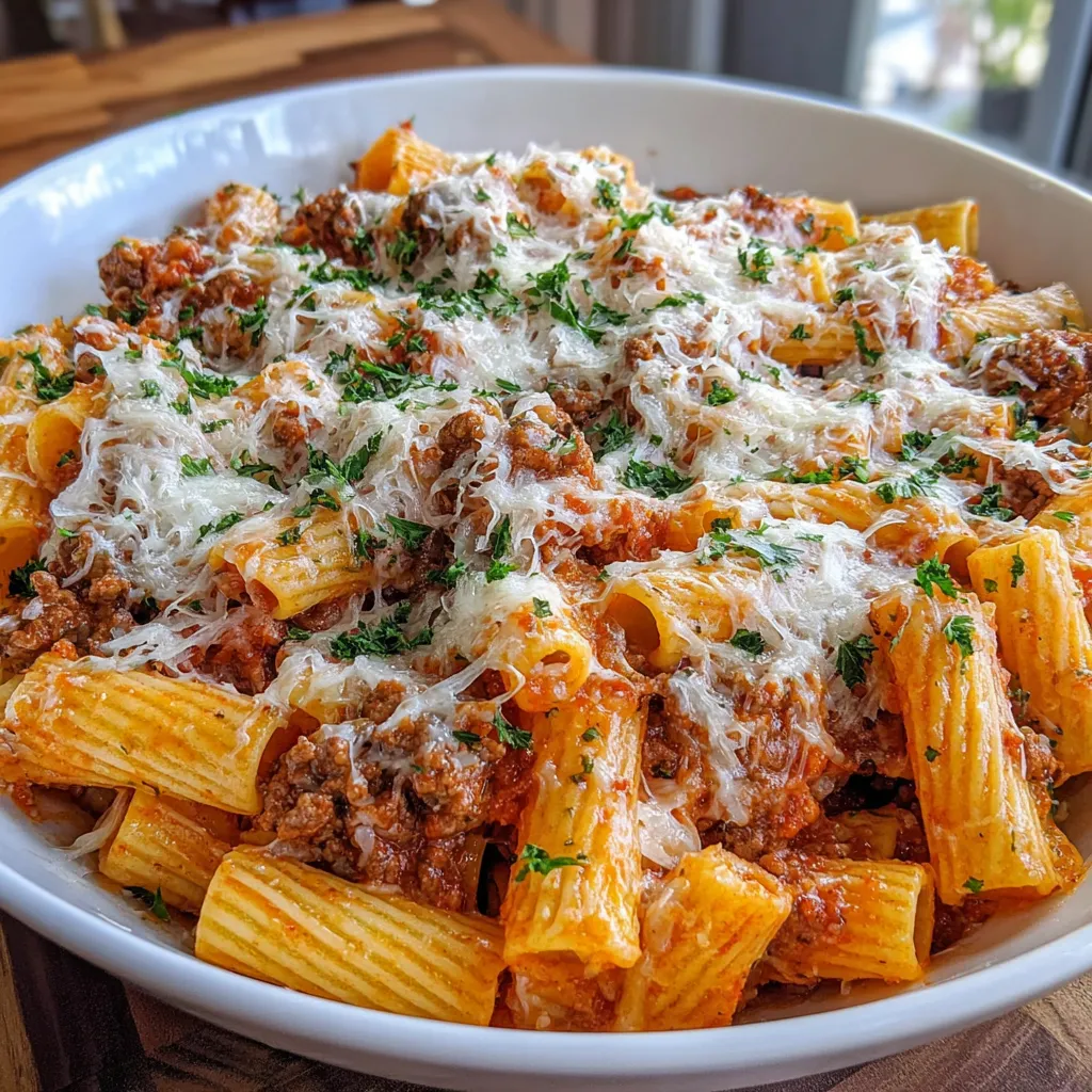 Cheesy Beef Rigatoni baked casserole with golden bubbly cheese, served in a white dish garnished with fresh basil.