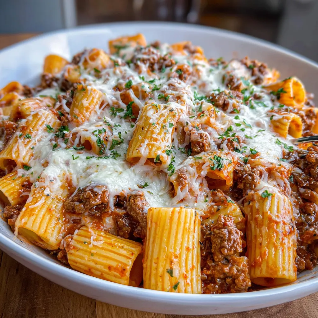 Cheesy Beef Rigatoni baked casserole with golden bubbly cheese, served in a white dish garnished with fresh basil.