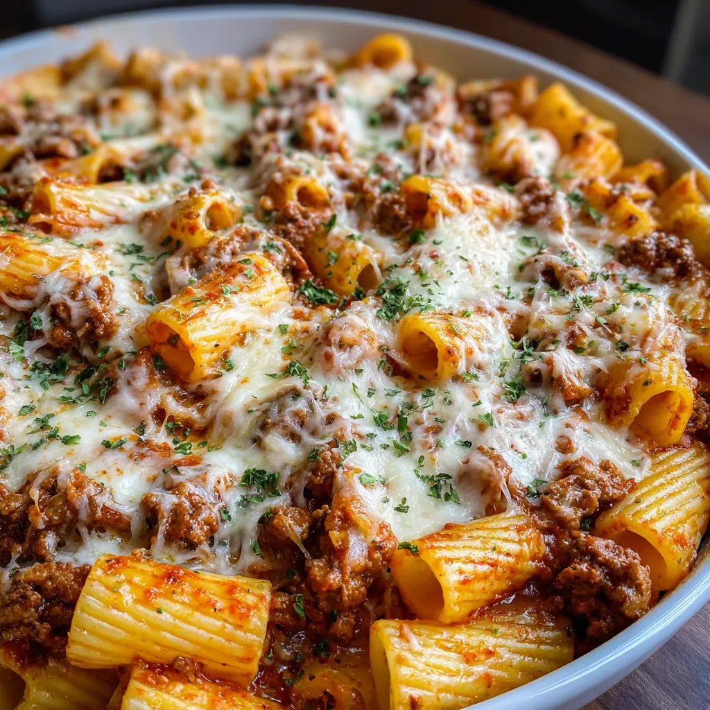 Cheesy Beef Rigatoni baked casserole with golden bubbly cheese, served in a white dish garnished with fresh basil.