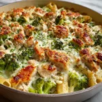A golden-baked Chicken Broccoli Alfredo casserole in a white dish, garnished with fresh parsley and bubbling mozzarella.