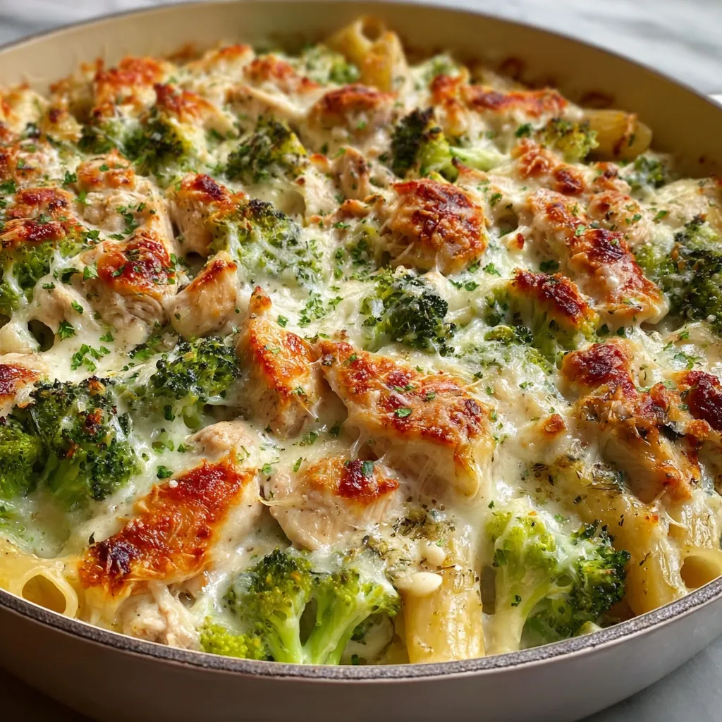 A golden-baked Chicken Broccoli Alfredo casserole in a white dish, garnished with fresh parsley and bubbling mozzarella.