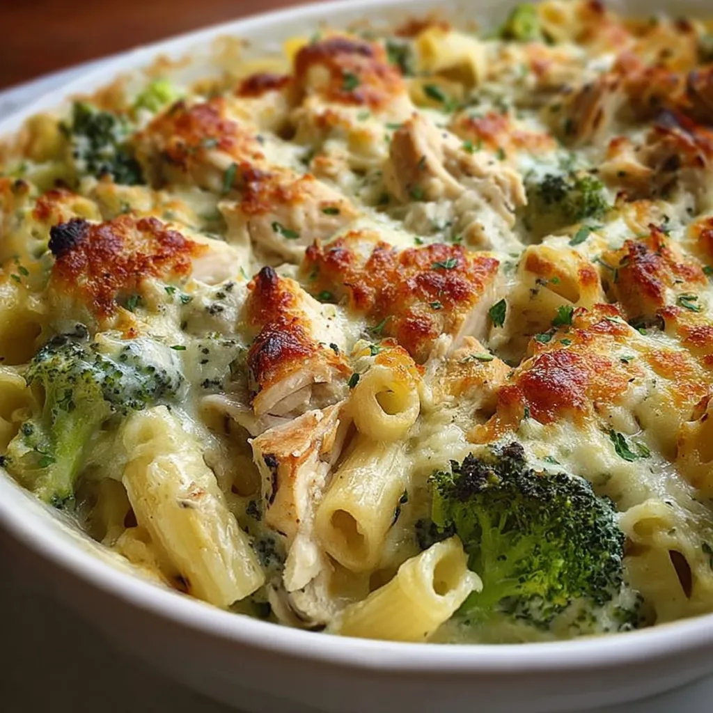 A golden-baked Chicken Broccoli Alfredo casserole in a white dish, garnished with fresh parsley and bubbling mozzarella.