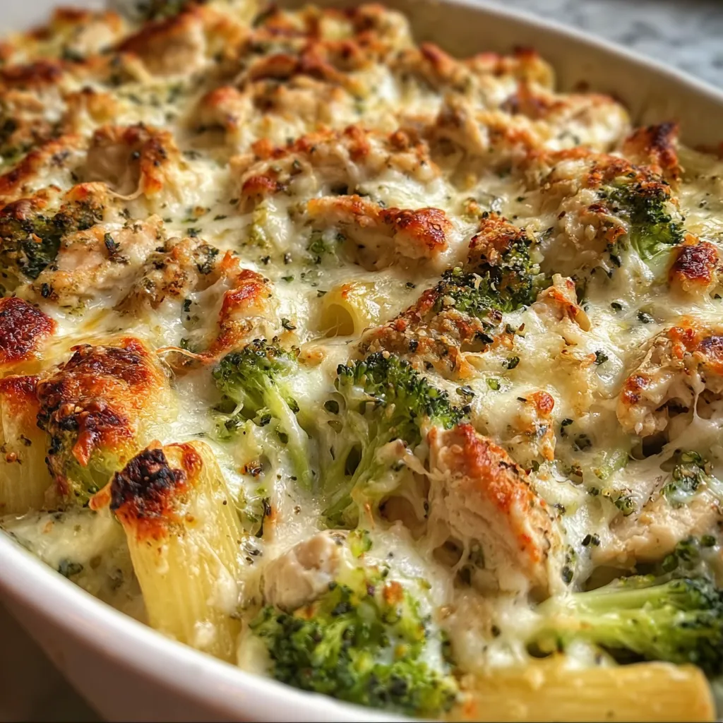 A golden-baked Chicken Broccoli Alfredo casserole in a white dish, garnished with fresh parsley and bubbling mozzarella.