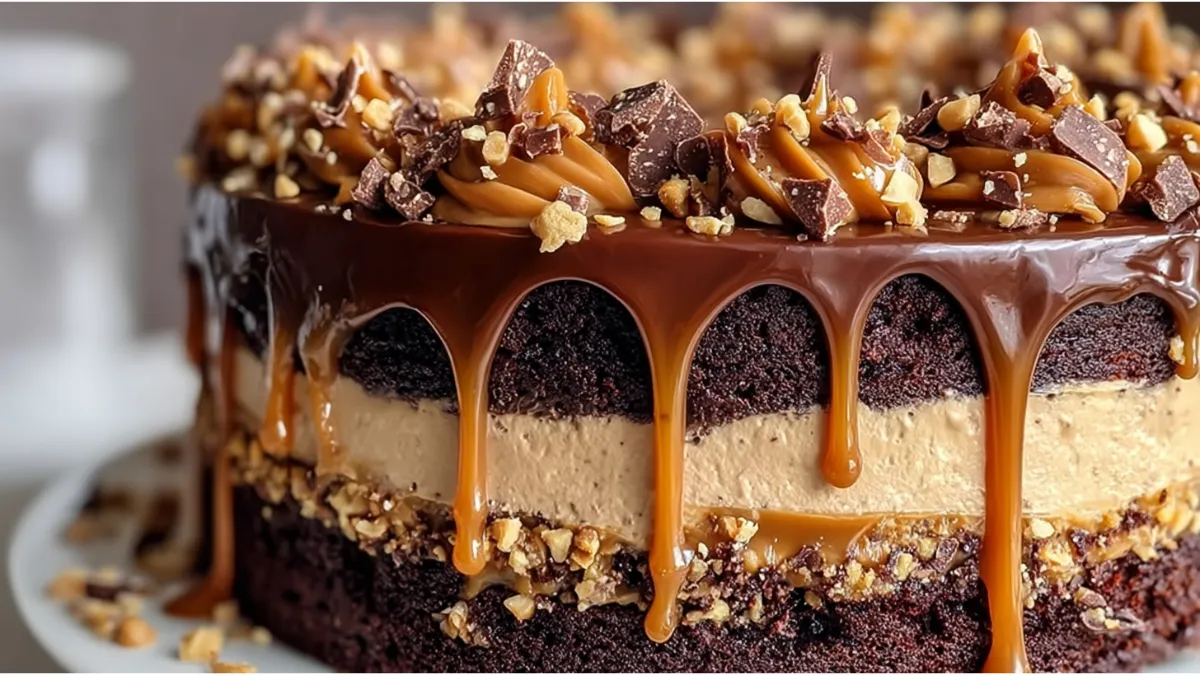 Chocolate Peanut Butter Salted Caramel Toffee Cake with layers of moist chocolate, creamy frosting, caramel drizzle, and toffee topping on a cake stand.
