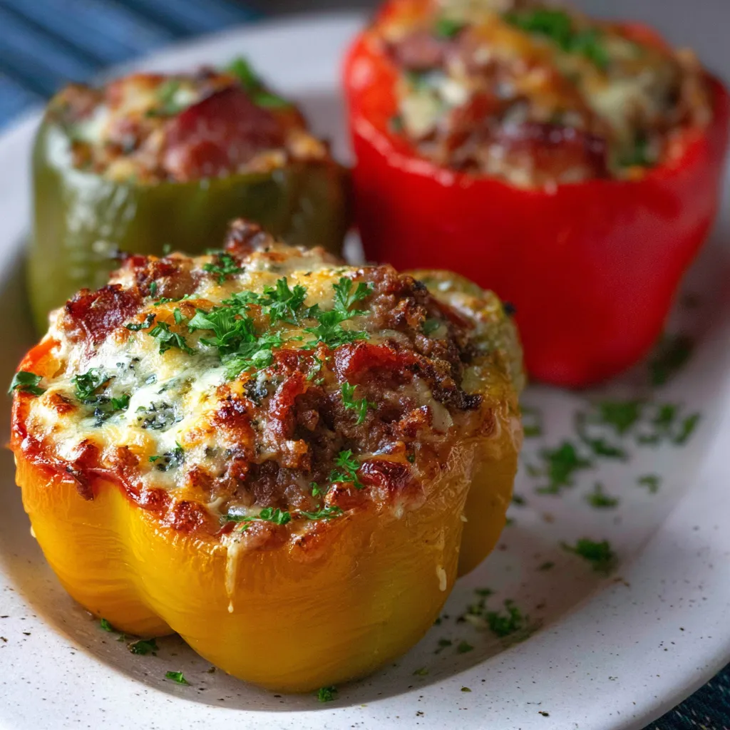 Cheesy chorizo and rice stuffed bell peppers baked to perfection in a white casserole dish.