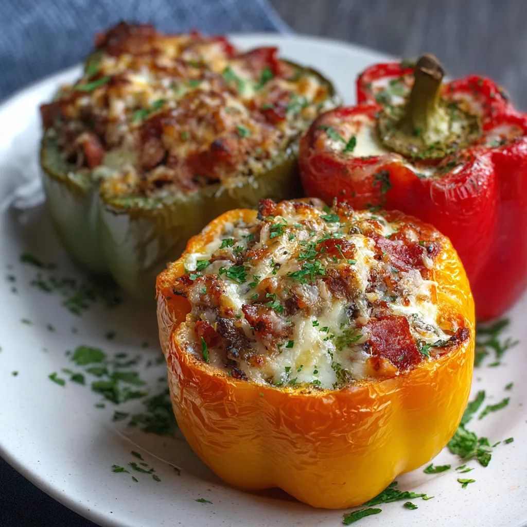Cheesy chorizo and rice stuffed bell peppers baked to perfection in a white casserole dish.