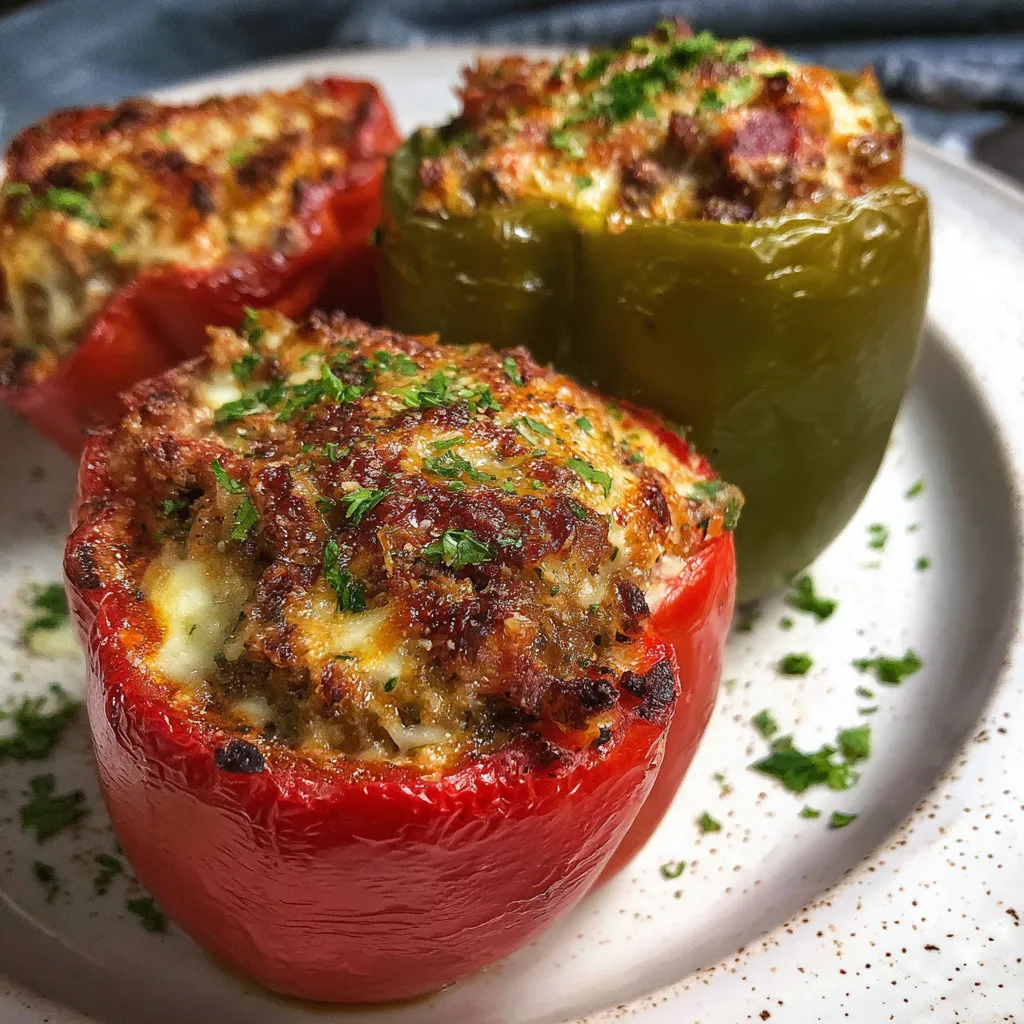 Cheesy chorizo and rice stuffed bell peppers baked to perfection in a white casserole dish.