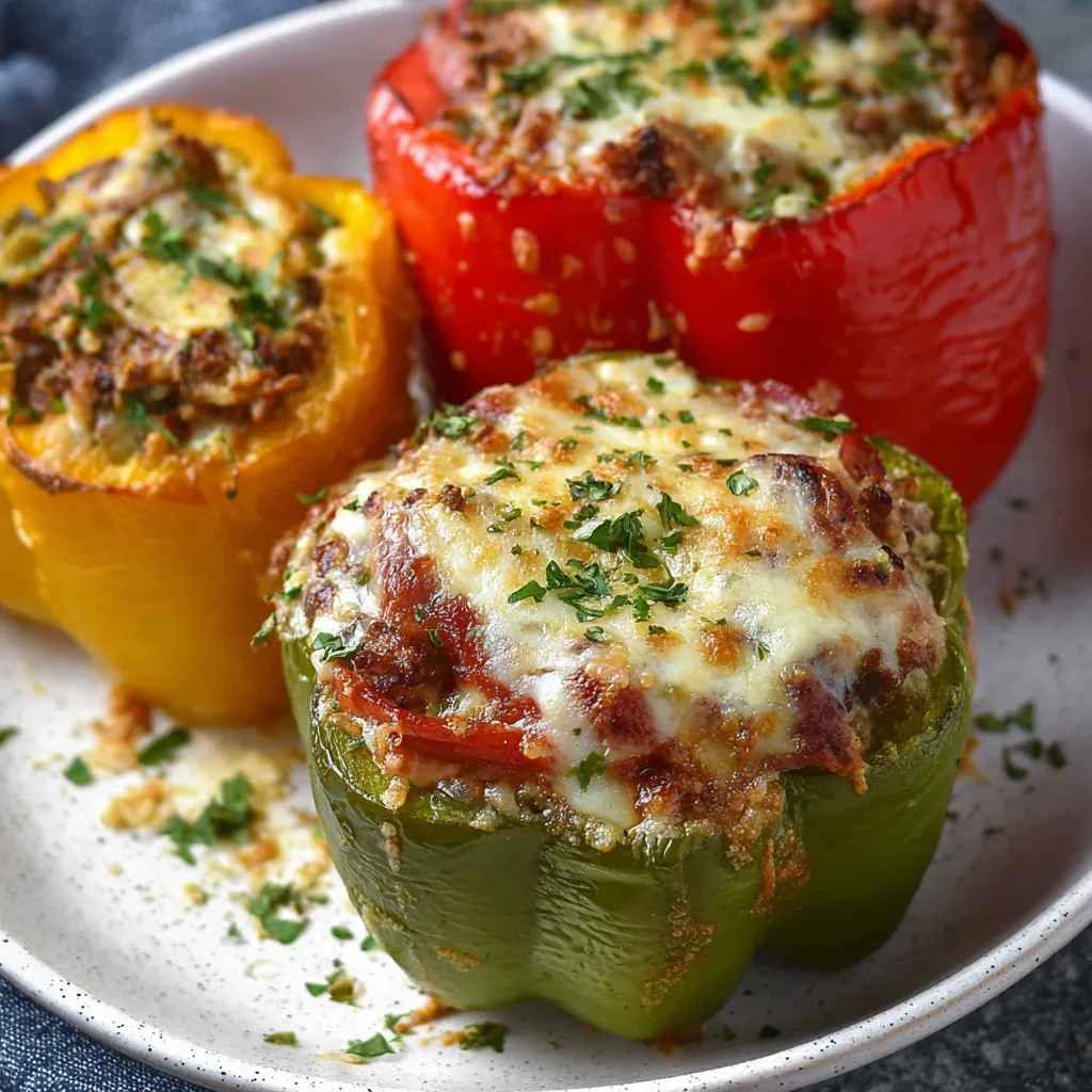 Cheesy chorizo and rice stuffed bell peppers baked to perfection in a white casserole dish.