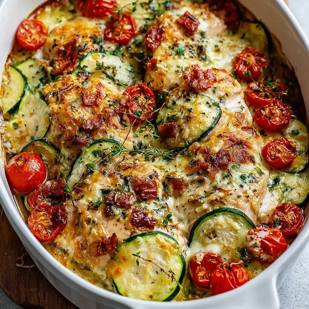Chicken Zucchini Bake in a white ceramic dish, topped with golden melted cheese and fresh parsley.