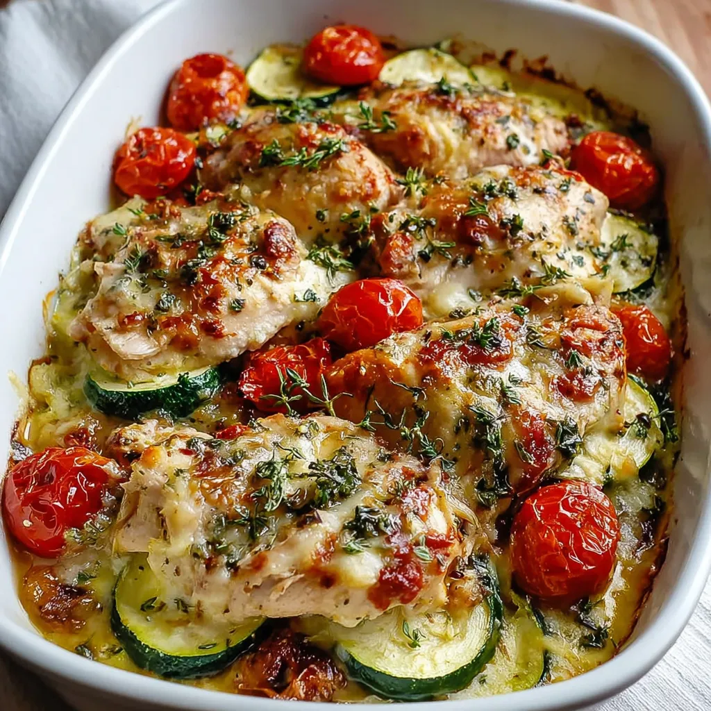 Chicken Zucchini Bake in a white ceramic dish, topped with golden melted cheese and fresh parsley.