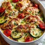 Chicken Zucchini Bake in a white ceramic dish, topped with golden melted cheese and fresh parsley.