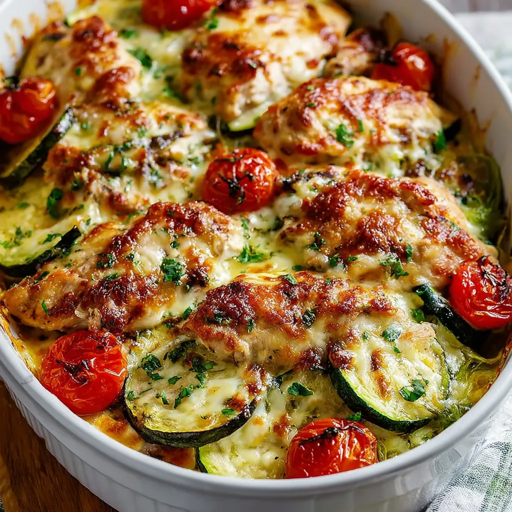 Chicken Zucchini Bake in a white ceramic dish, topped with golden melted cheese and fresh parsley.