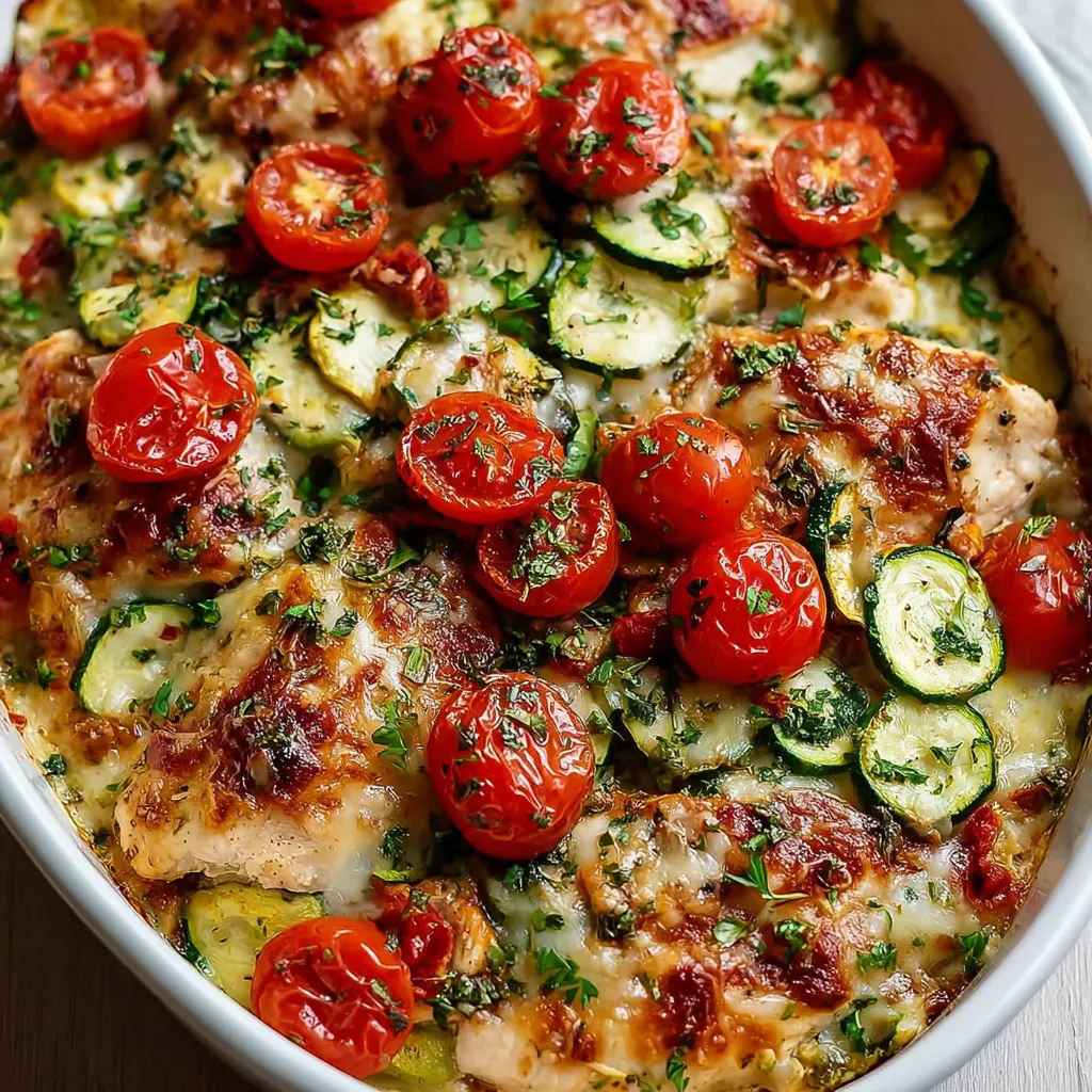 Chicken Zucchini Bake in a white ceramic dish, topped with golden melted cheese and fresh parsley.