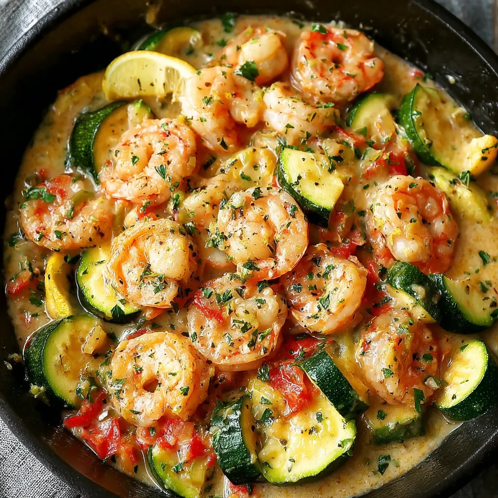 Skillet with creamy shrimp and zucchini topped with parsley and lemon wedges.