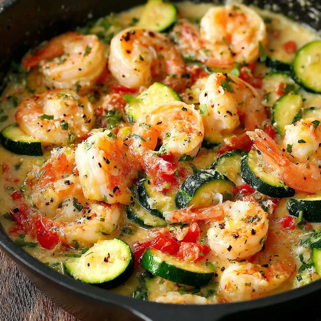 Skillet with creamy shrimp and zucchini topped with parsley and lemon wedges.