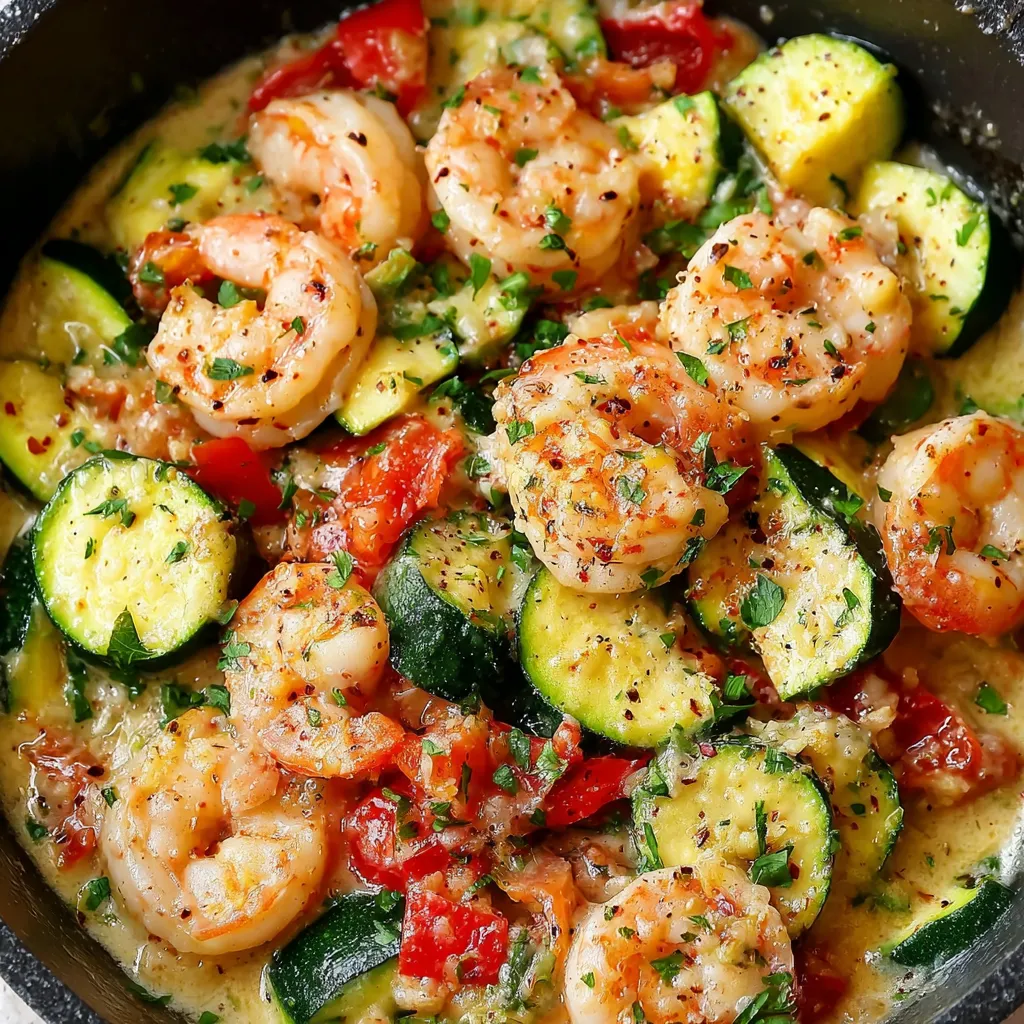 Skillet with creamy shrimp and zucchini topped with parsley and lemon wedges.