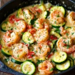 Skillet with creamy shrimp and zucchini topped with parsley and lemon wedges.