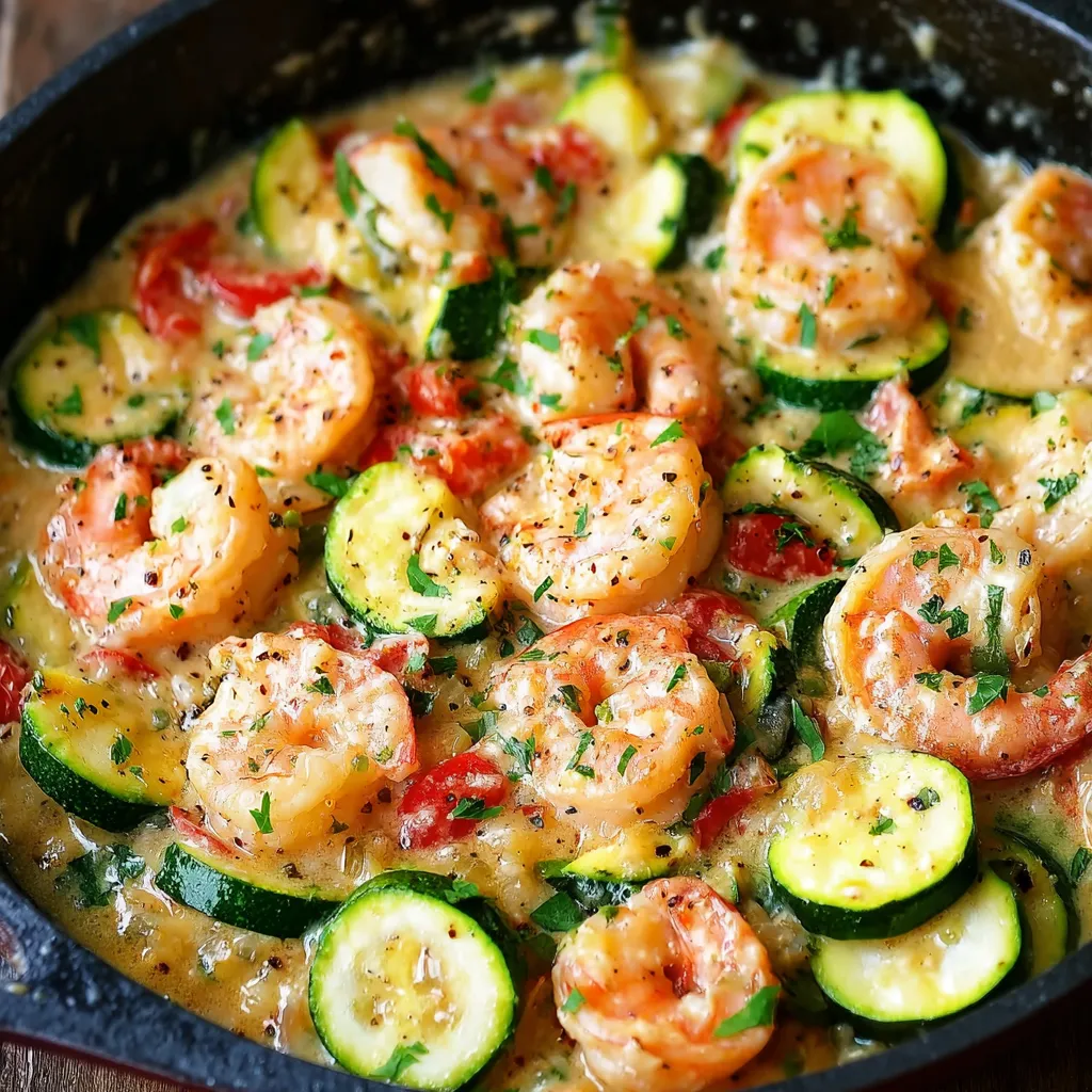Skillet with creamy shrimp and zucchini topped with parsley and lemon wedges.