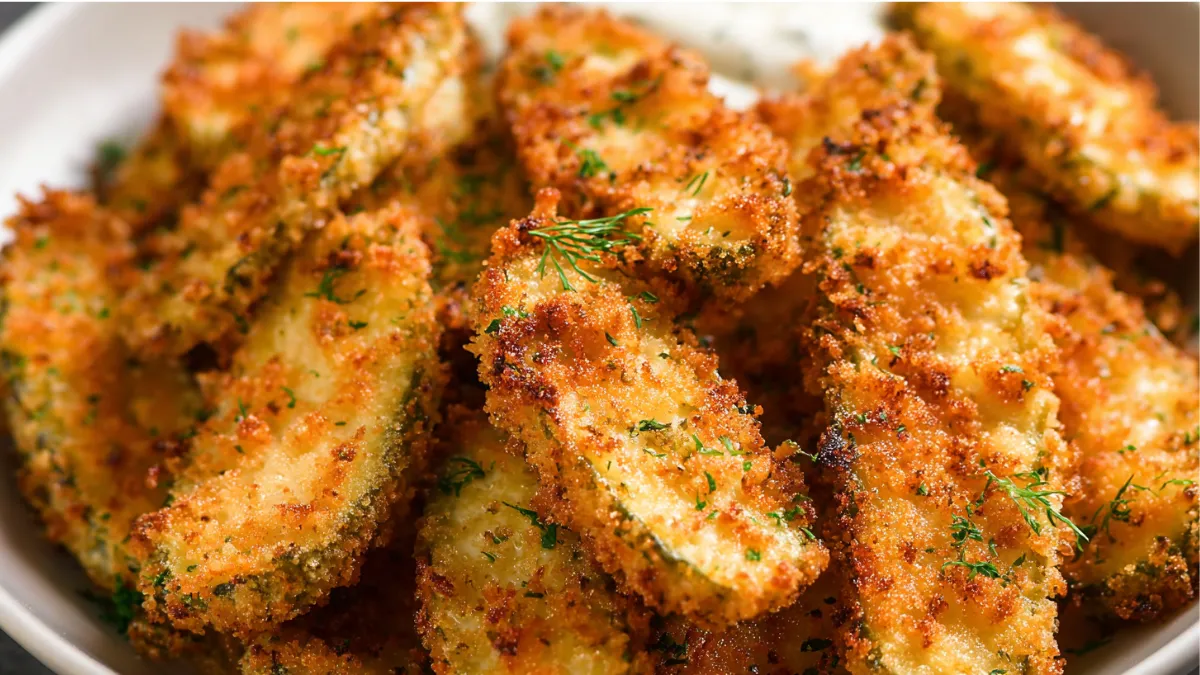 Golden crispy air fryer dill pickle chips served with ranch dipping sauce on a wooden platter.