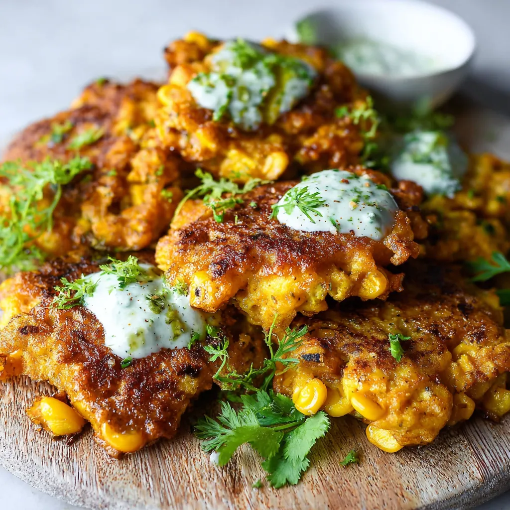 Crispy golden corn fritters served with creamy cilantro sauce on a rustic plate.