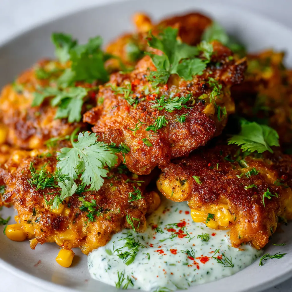 Crispy golden corn fritters served with creamy cilantro sauce on a rustic plate.