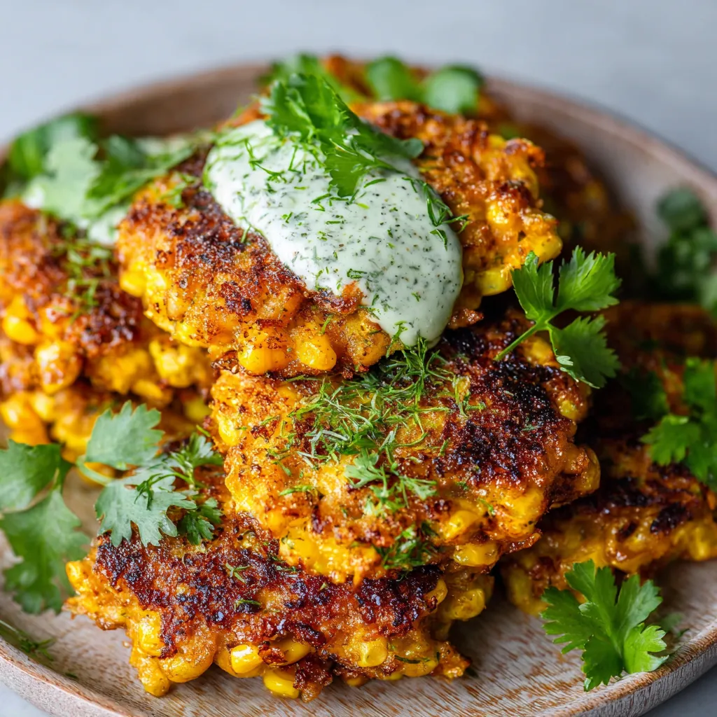 Crispy golden corn fritters served with creamy cilantro sauce on a rustic plate.