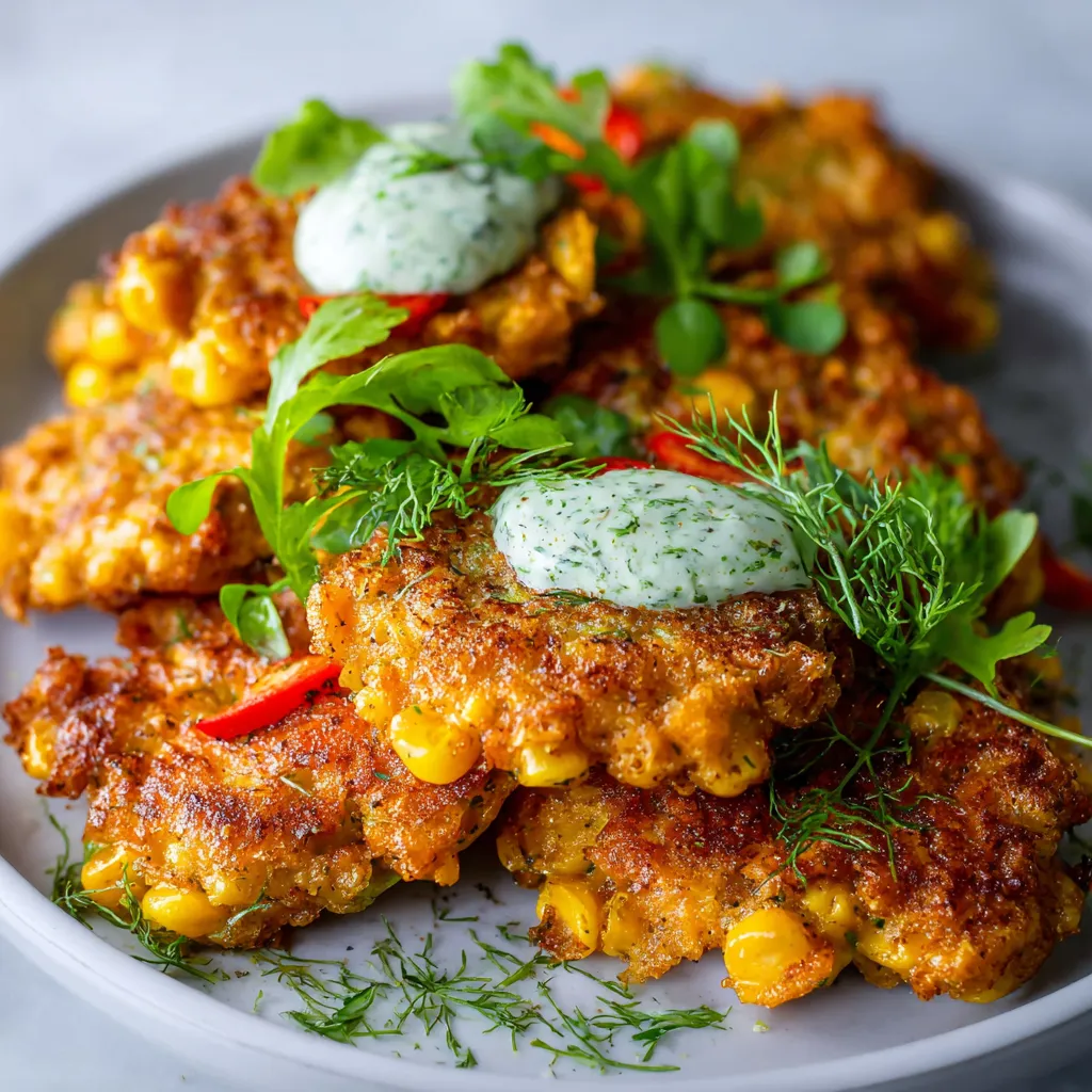 Crispy golden corn fritters served with creamy cilantro sauce on a rustic plate.