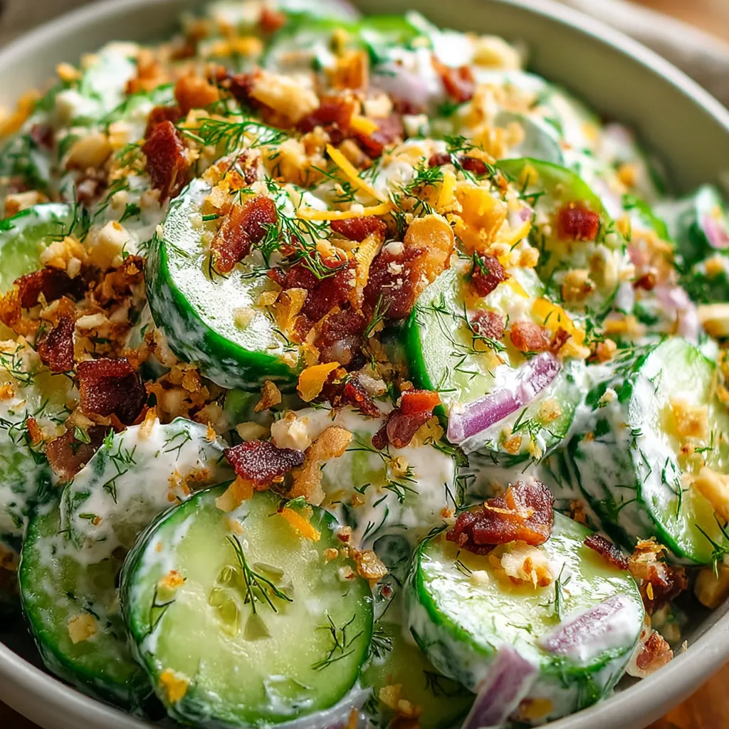 Bowl of cucumber ranch crack salad with bacon, cheddar, and fresh herbs, perfect for summer BBQs and potlucks