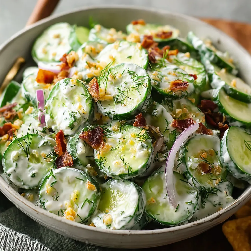Bowl of cucumber ranch crack salad with bacon, cheddar, and fresh herbs, perfect for summer BBQs and potlucks