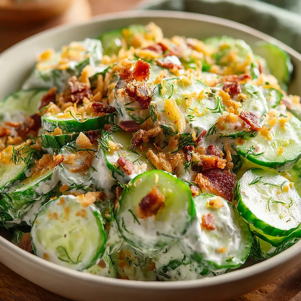 Bowl of cucumber ranch crack salad with bacon, cheddar, and fresh herbs, perfect for summer BBQs and potlucks