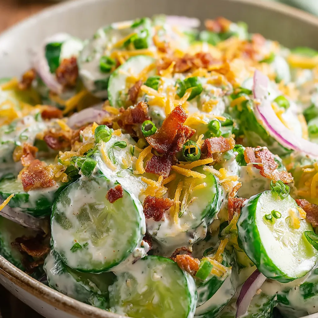 Bowl of cucumber ranch crack salad with bacon, cheddar, and fresh herbs, perfect for summer BBQs and potlucks