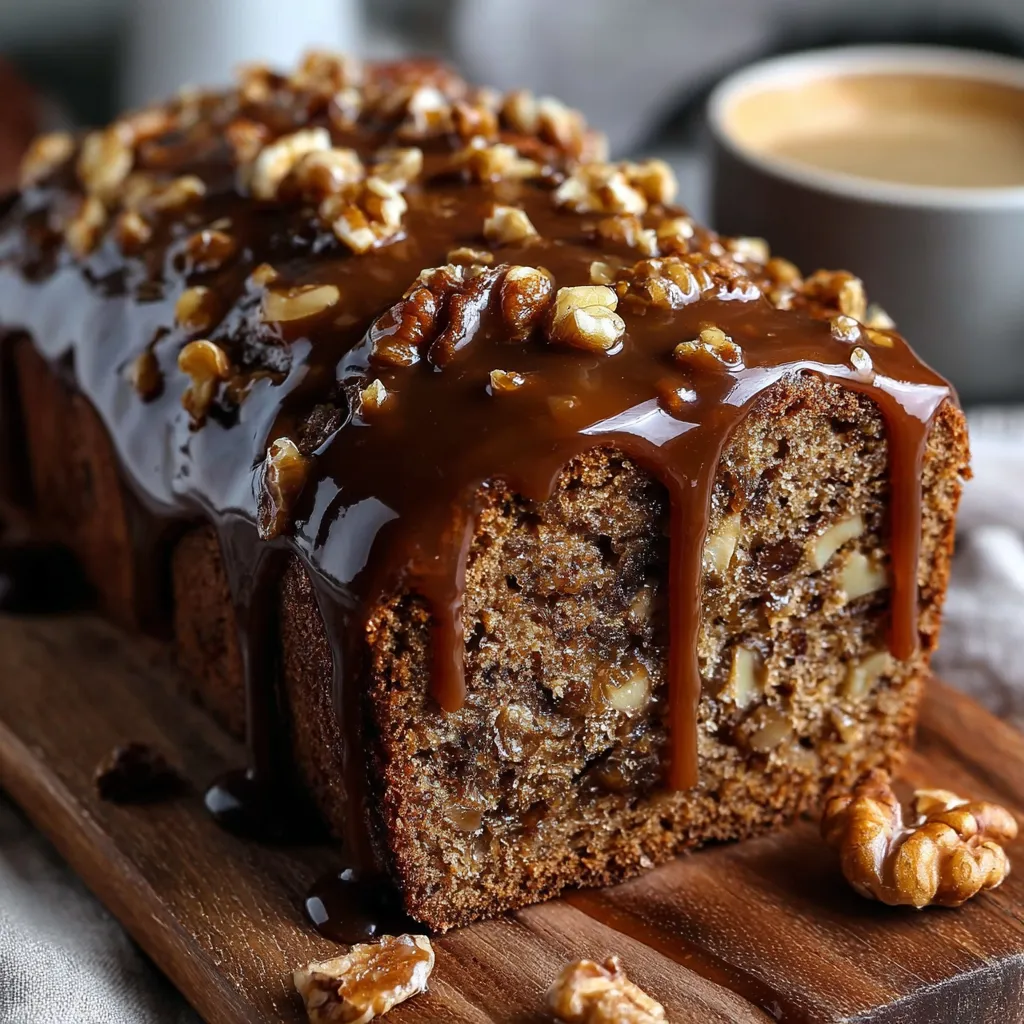 A golden brown date coffee loaf drizzled with espresso glaze and sprinkled with toasted walnuts on a wooden board.