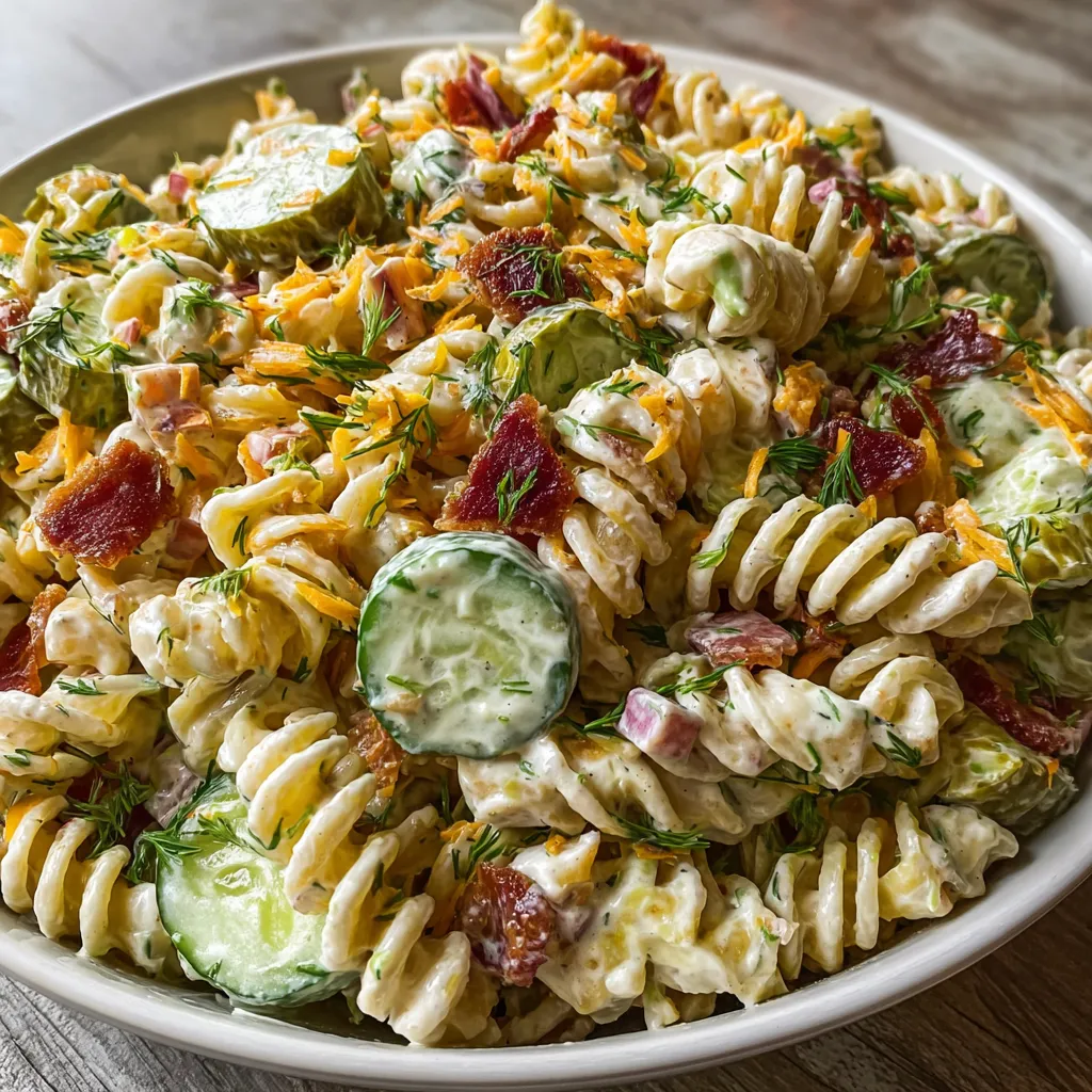 Creamy Dill Pickle Pasta Salad with rotini pasta, chopped pickles, cheddar cheese, and fresh dill served in a white bowl.