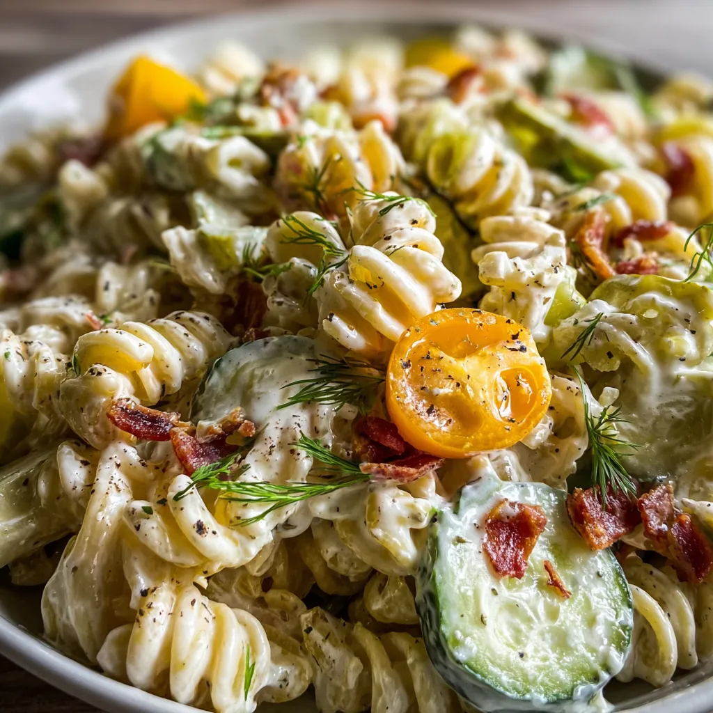 Creamy Dill Pickle Pasta Salad with rotini pasta, chopped pickles, cheddar cheese, and fresh dill served in a white bowl.