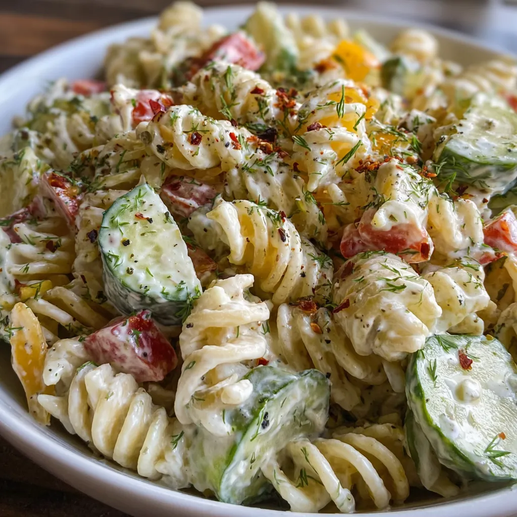 Creamy Dill Pickle Pasta Salad with rotini pasta, chopped pickles, cheddar cheese, and fresh dill served in a white bowl.